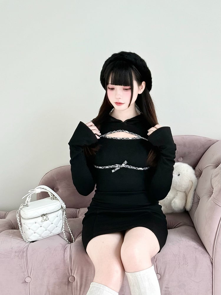 mit Jirai Kawaii Kei Kleid Brust und Schulter Schwarzer Alltagshoodie Ausschnitte über dem Knie