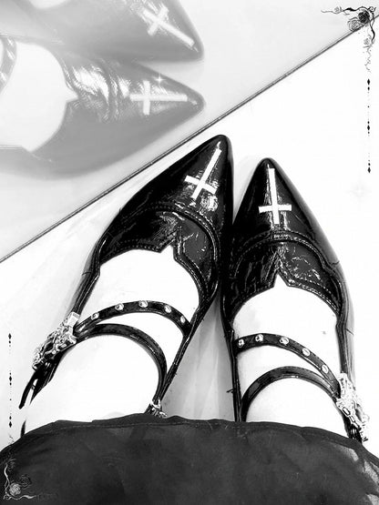 Toe Gothic Heel Black Jane Pointed Dark Mary Embroidery Cross Shoes Chunky 7cm
