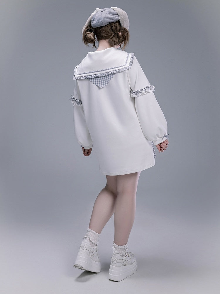 Free Jirai Blue Sailor Dusty Tie Collar Ruffles Sweatshirt Plaid Kei with