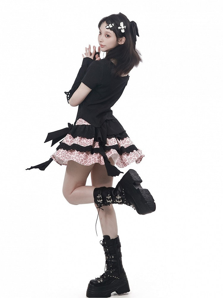 Asymmetric Black Top with Letter Print and Irregular Hem - PINK SAVIOR