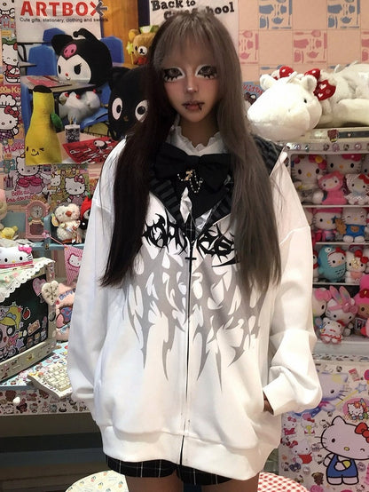 Dark Y2K Hooded White Zip Jacket with Gothic Tattoo Print - Alita26SS