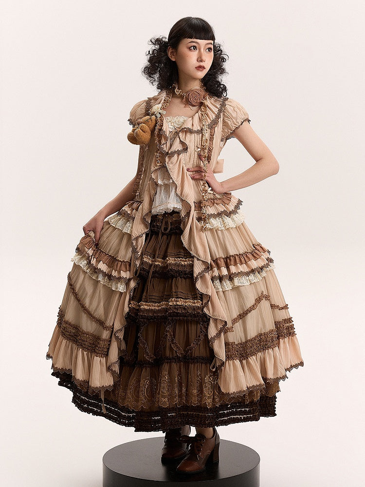 Cascading House Ruffle Front Style Placket Dress Pink Coffee Straps Lolita Self-tie