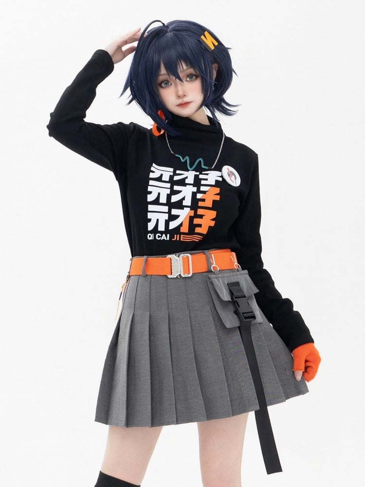 Belt Black Skirt Mock + Neck Full Set: Top