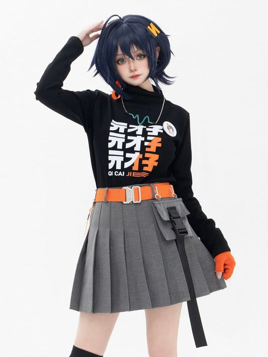 Belt Black Skirt Mock + Neck Full Set: Top