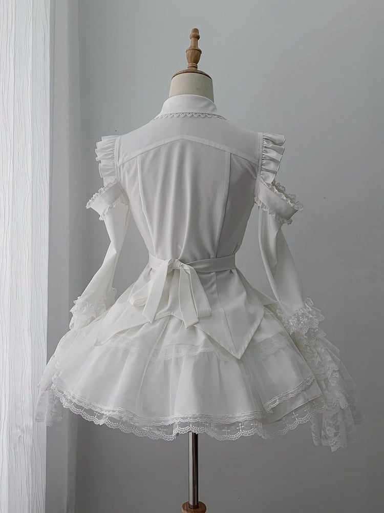 White Gothic Landmine Blouse with Cutout Shoulders, Bell Sleeves and Lace Accents - Ekomi