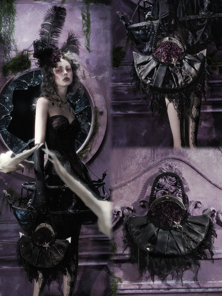 Gothic Black & Purple Pleated Faux-Leather Handbag with Netting & Chain Details - Blood Supply