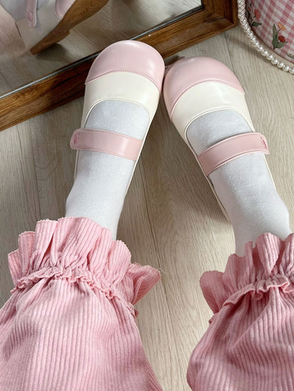 Pink Beige Velcro Flats Strap Paw Round with Toe Embroidery Bear Closures Sweet