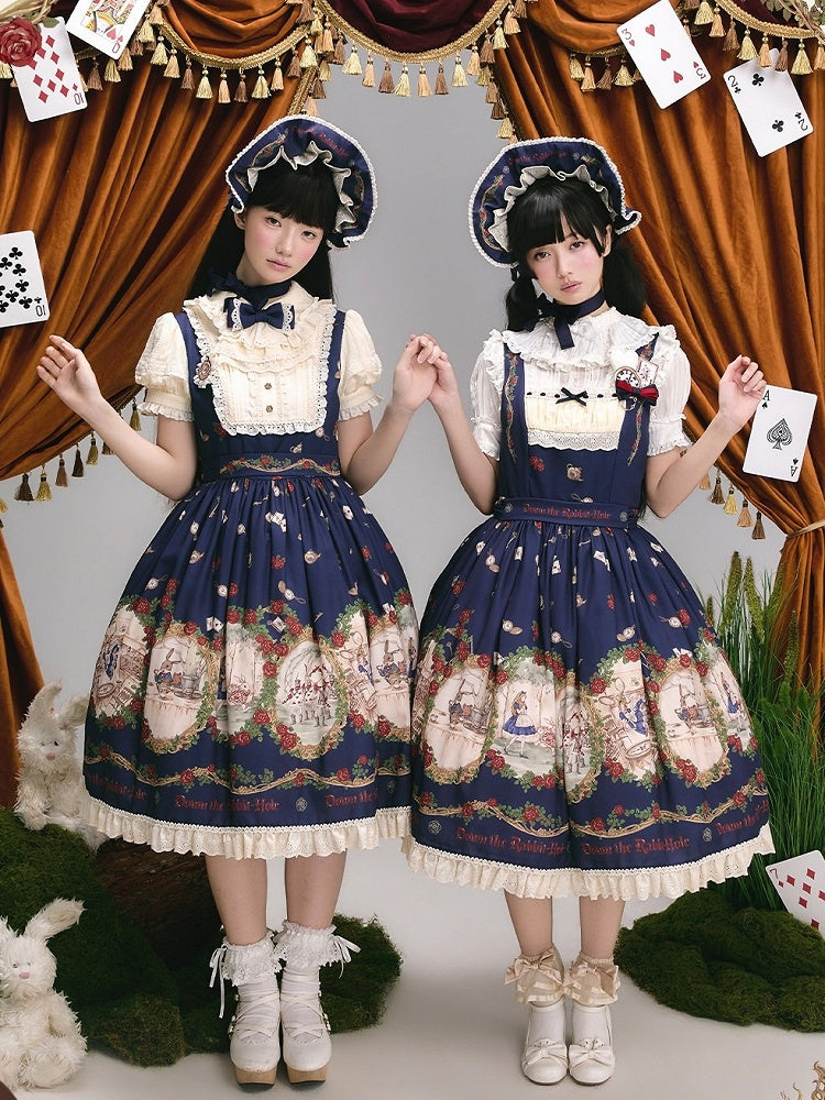 Wonderland Alice Floral Print Dark Blue Lolita JSK Lace - Stars Fall on the Foggy Island