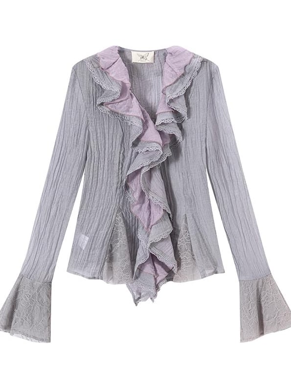 Dusty Sleeve Purple Cascading Long Flounce with Trim Top