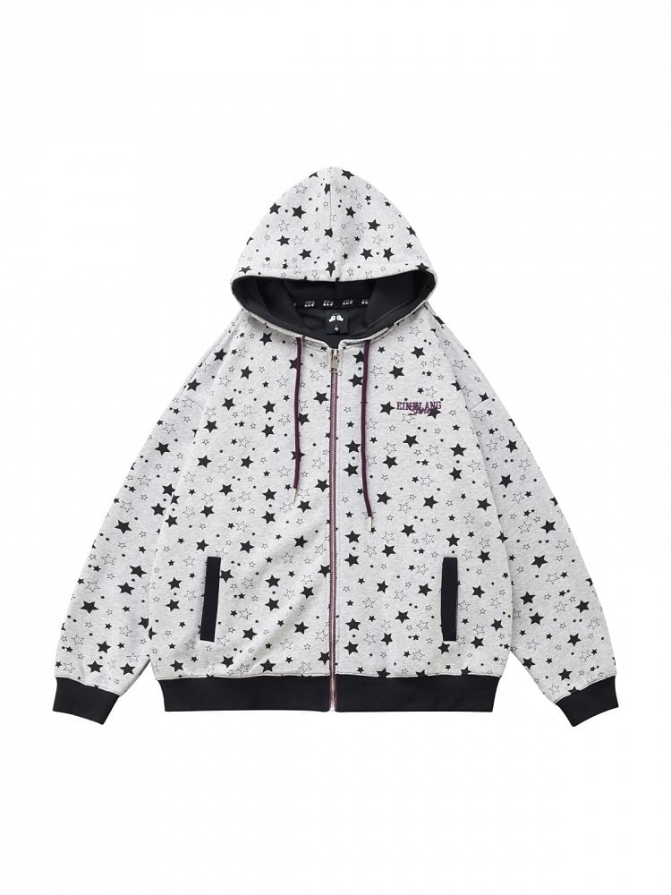 Y2K Gray Zip-Up Hoodie with Star Print - Solkatt