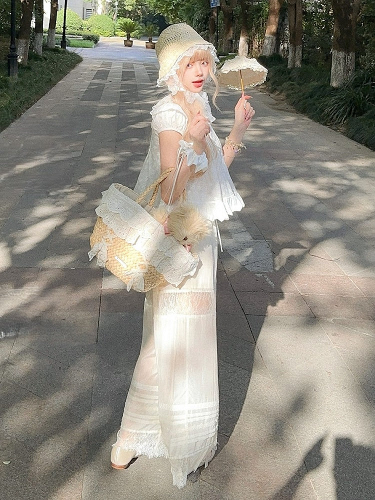 Blouse With Embroidered Trim White Dollcore Floral Bow Ruffle