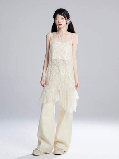 Aprikosenfarbene, bodenlange Hose mit weitem Bein und niedriger Taille