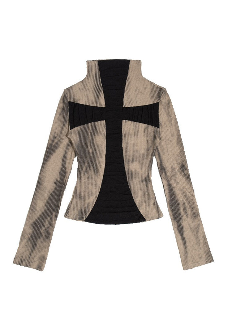 Block Khaki Top with Cross Knit Punk Wear Trapezoidal Two-Way Black
