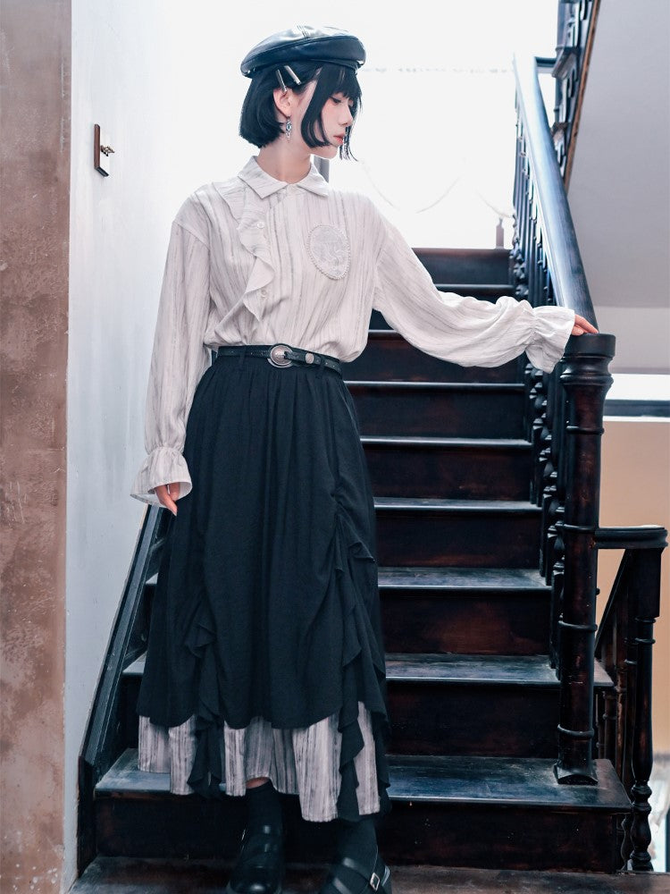 Gothic Shoulder Accents Ribbon White Asymmetrical with Jellyfish Cheongsam Blouse Embroidery
