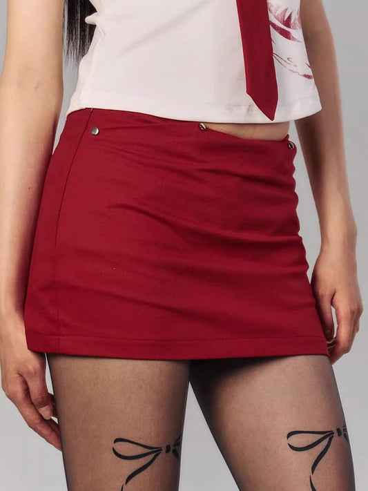 Embroidered Letter with Studded Back Bodycon White Front Skirt Mini Red
