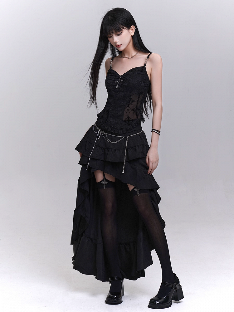 with Beaded Black Lace Patches Waist Cross Decorated Cami Top Chains