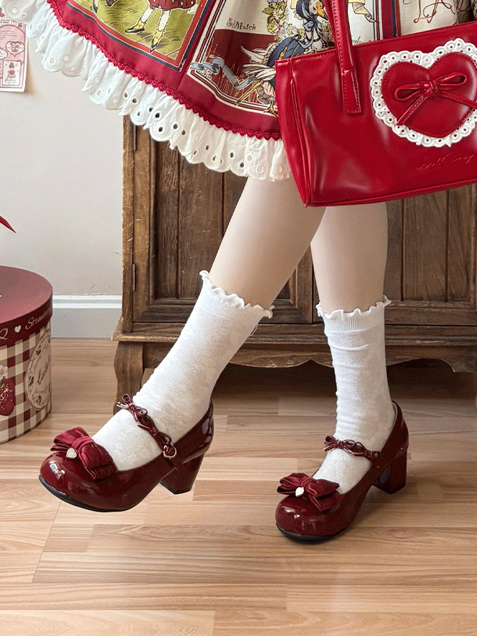 Round Red Buckle Wine Bow Accents PU Toe Mid Heels in Sweet Leather Heart