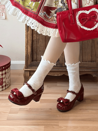 Round Red Buckle Wine Bow Accents PU Toe Mid Heels in Sweet Leather Heart