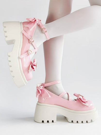 Mary Beaded Pink Details Crossed Janes with Bow Chunky Straps Heel Heart - Closure