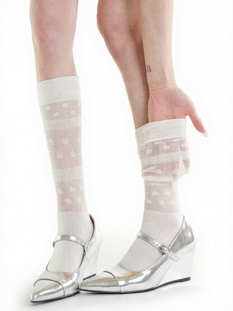 3-Color Semi-sheer Polka-dot Calf Socks with Ruffled Cuff - ModaSwings