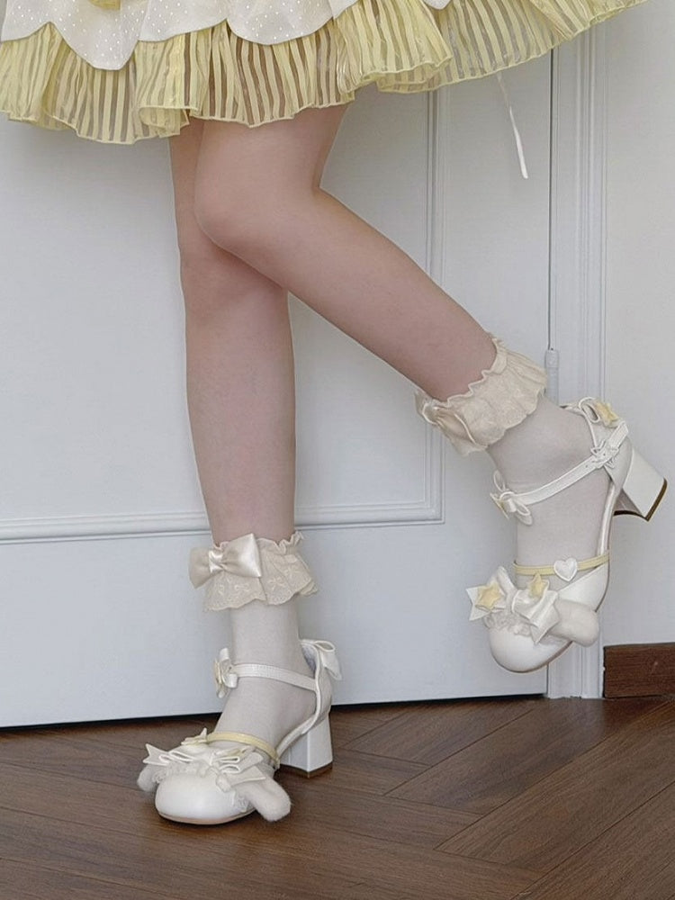 White Kawaii Plush Dog Ears Mid Heel Shoes - Sheep Puff
