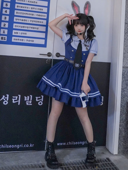 Marineblaues Kleid mit Peter-Pan-Kragen und kurzen Ärmeln, zweiteilig