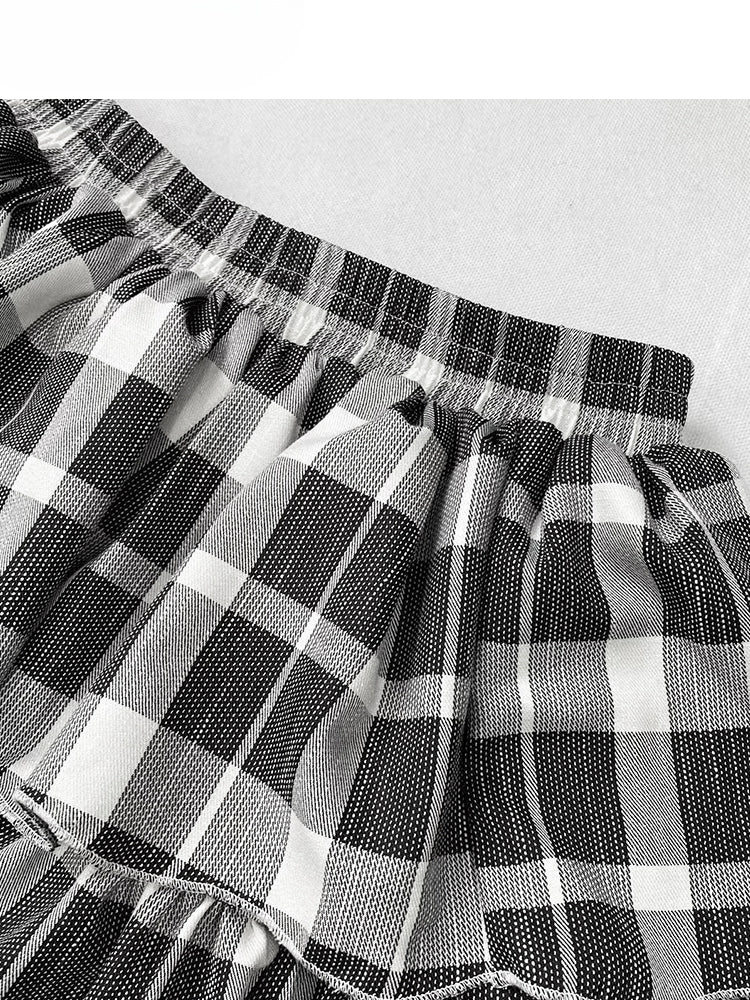 Y2K ブラック＆ホワイト チェック柄 ハイウエスト 膝丈 グラマラス ティアードスカート