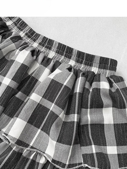 Y2K ブラック＆ホワイト チェック柄 ハイウエスト 膝丈 グラマラス ティアードスカート