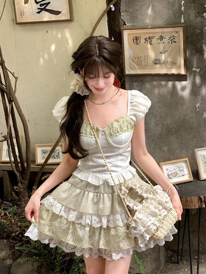 ライトヴィンテージプリントレーストリムティアードスカート グリーン 伸縮性ウエスト