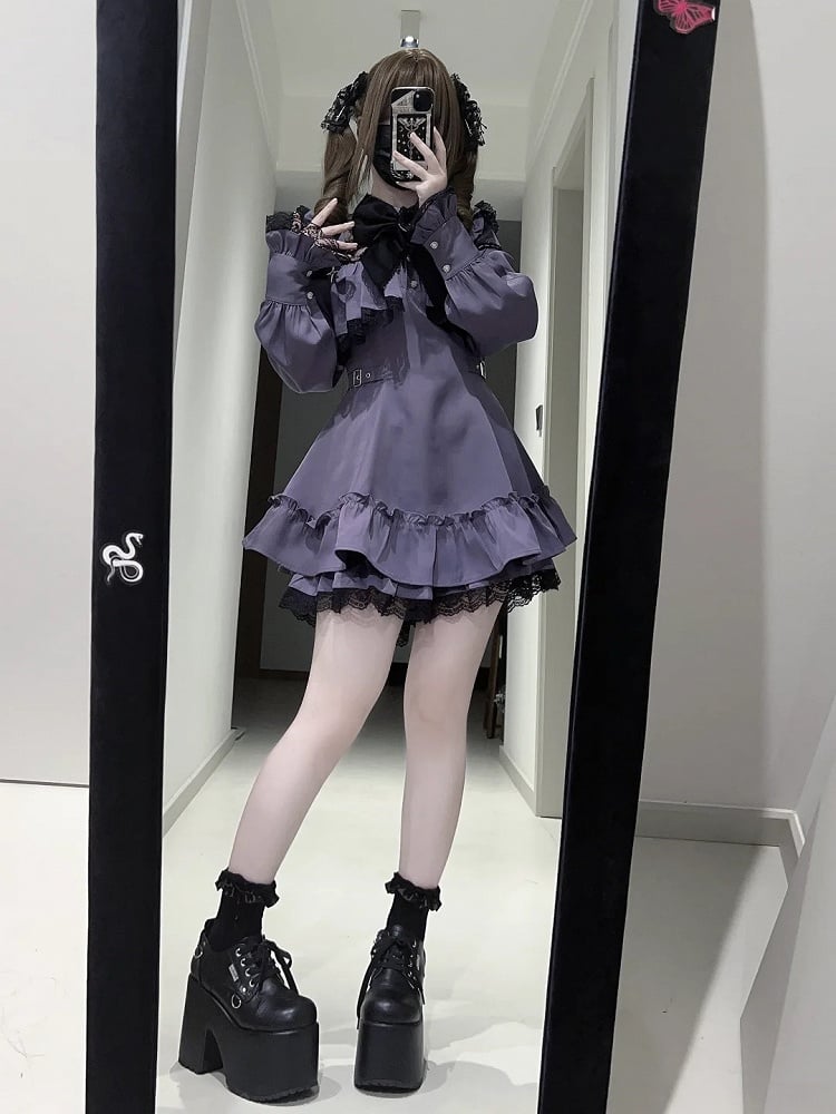 Long-Sleeve Lace Dress Kei Purple Matching + Bow Tie Ruffled Jirai Shorts Set