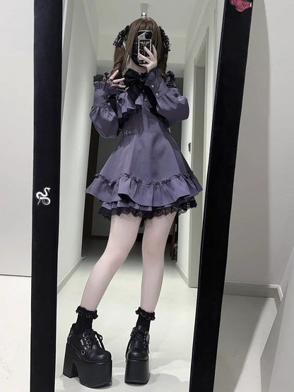 Long-Sleeve Lace Dress Kei Purple Matching + Bow Tie Ruffled Jirai Shorts Set