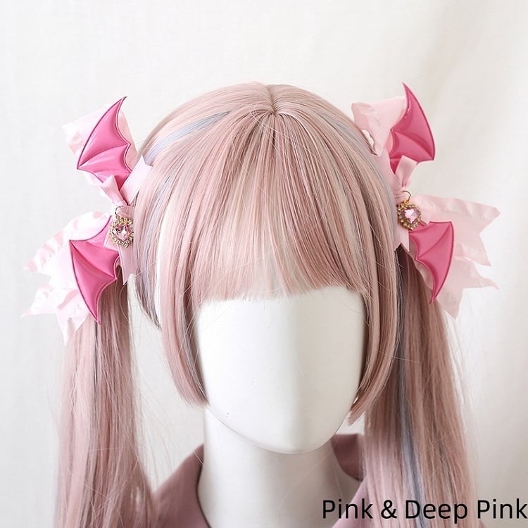 8 Colors Jirai Kei A Pair of Bowknot Hairclips With Wings and Heart - shaped Charms