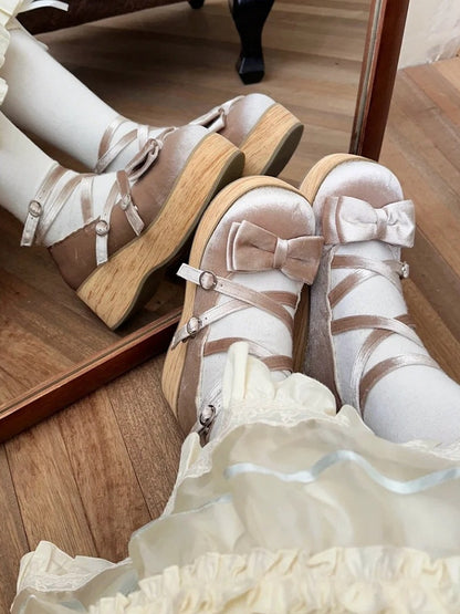 Absatz mit für Beige - Riemchen Janes Gekreuzte Süße Schleife Plateau Dekor Lolita Mary