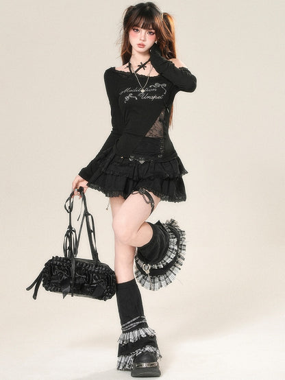 And Sleeves Letter Top Long Rhinestone Decorated Bowknot Glamorous Red/Black