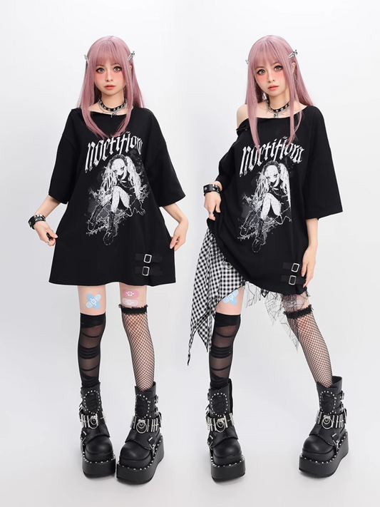 Y2K Black Snap Details Neckline Anime Print Girl Loose T-shirt