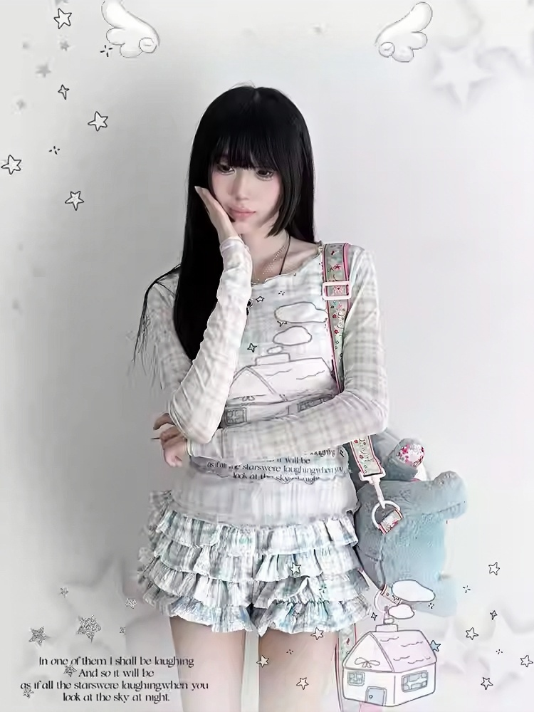 Tiered Ruffles Skort House Print Faux Two-Pieces Top/Modal Blue Plaid Pattern