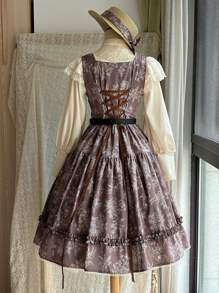 Brown & White Rosette Print Elegant Classic Lolita JSK Dress with Lace Trim