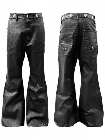 Black Coated Wax Flared Jeans Punk Style - DETW OnLine