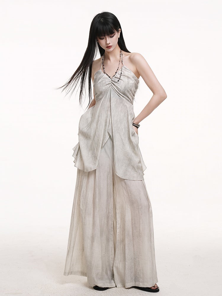 Floor Skirt-Like Wide-Leg Length Gothic with Gray Pants Drape