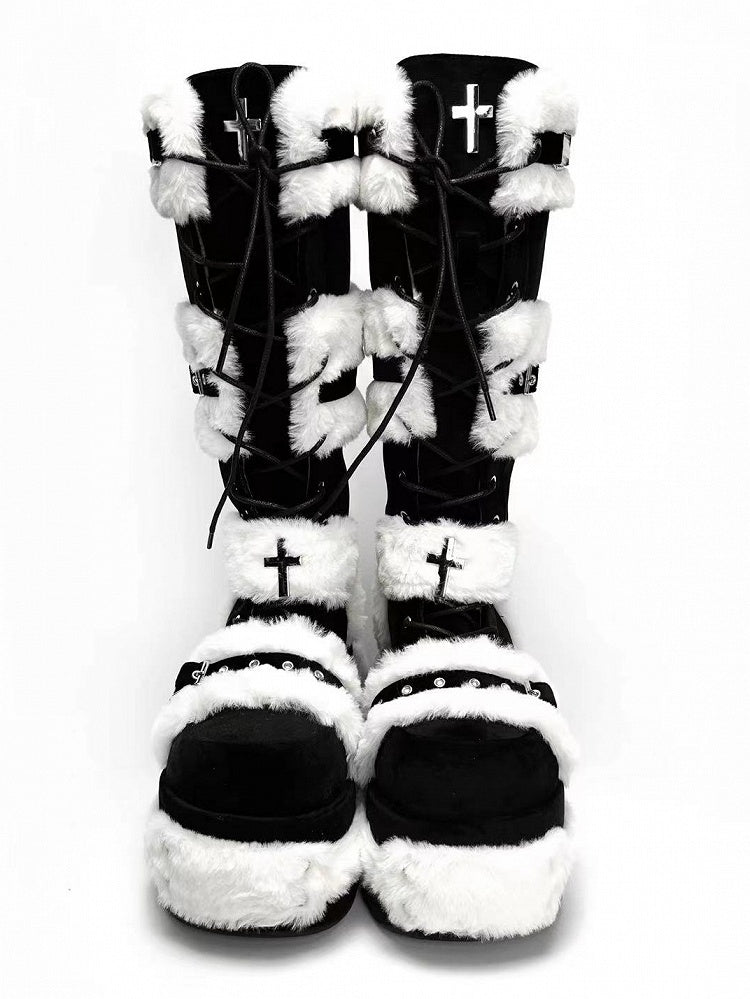 Y2K Details Dual Studded Cross Knee-High Platform Closure Accents Boots 9cm Black with -