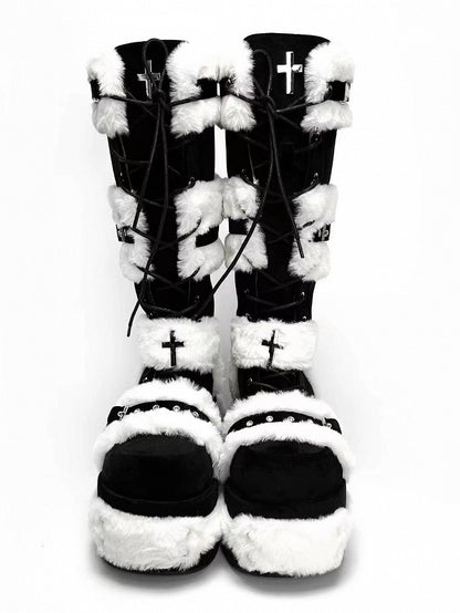 Y2K Details Dual Studded Cross Knee-High Platform Closure Accents Boots 9cm Black with -