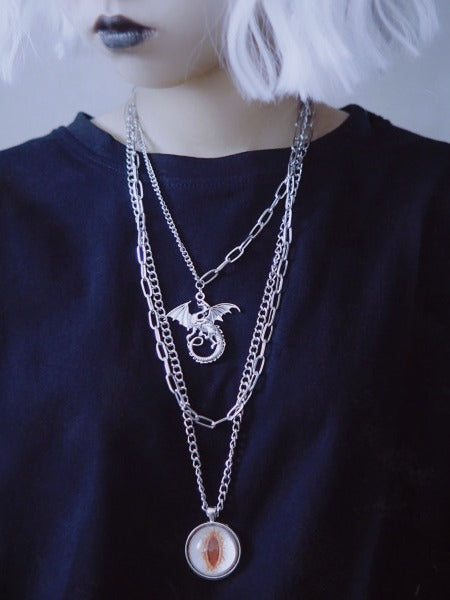 Gothic Layered Necklace with Dragon Eye Pendant - Strange Sugar