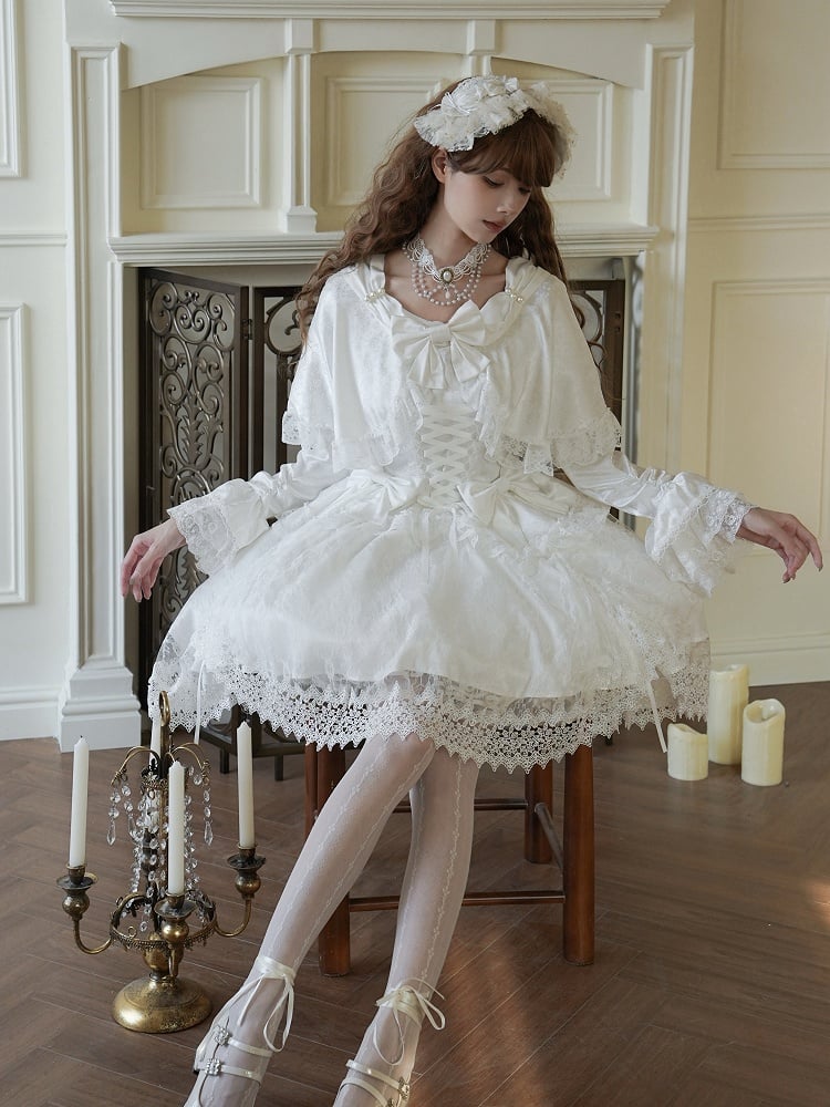 Weißes Cape-Design Shiro-Kleid Rosettenstoff Hanayome Lolita Einteiler