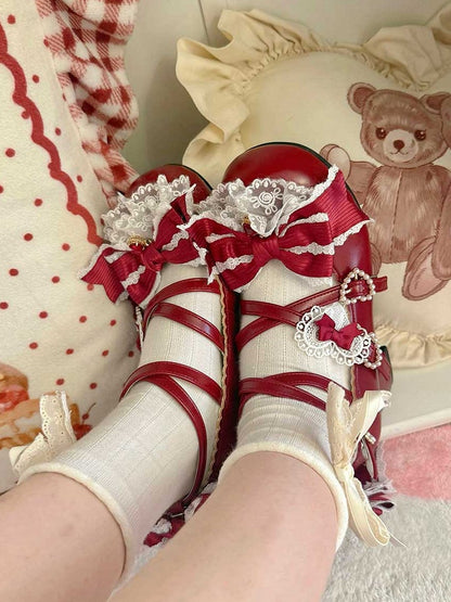 甘いストラップ、クリスクロスバックル、レッド、2CM/5CM、ブロックロリータディテールデザインシューズ、ハートヒール、蝶結び