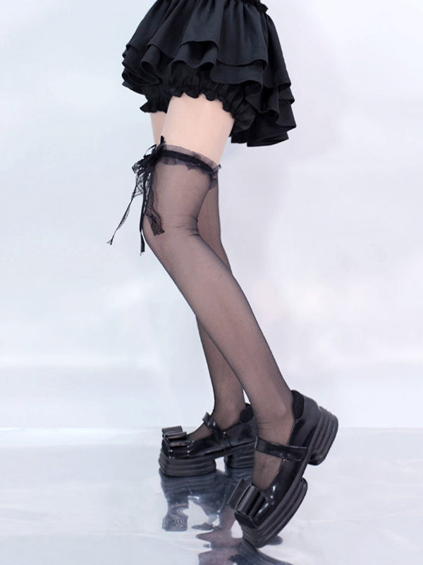 Schwarz/Weiße Overknee-Strümpfe mit Spitzenschleife an den Bündchen