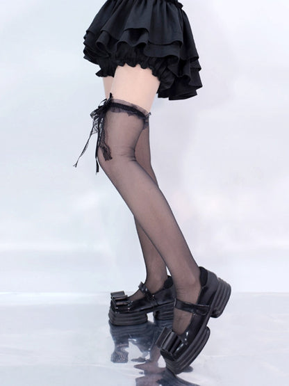 Schwarz/Weiße Overknee-Strümpfe mit Spitzenschleife an den Bündchen