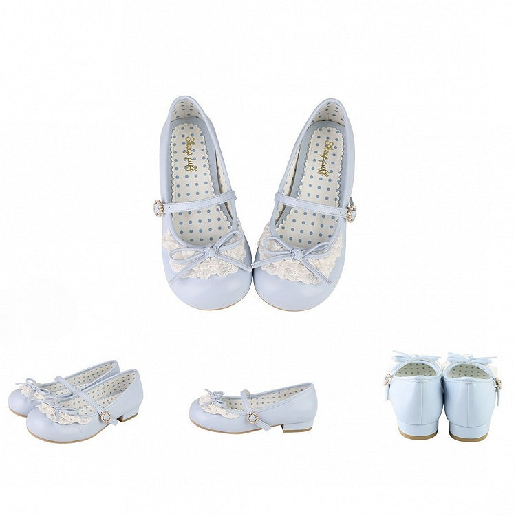 ヒール 2.2CM/4.3CM ジェーンズ メアリー トゥトリム ブルー ラウンドアクセント ノットレース ボウ