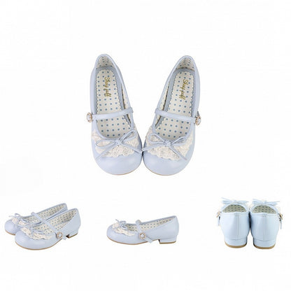 ヒール 2.2CM/4.3CM ジェーンズ メアリー トゥトリム ブルー ラウンドアクセント ノットレース ボウ