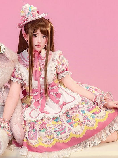 and Dress Print Maid Peter Pan Yellow Lolita Pink Bunny Cupcake Collar