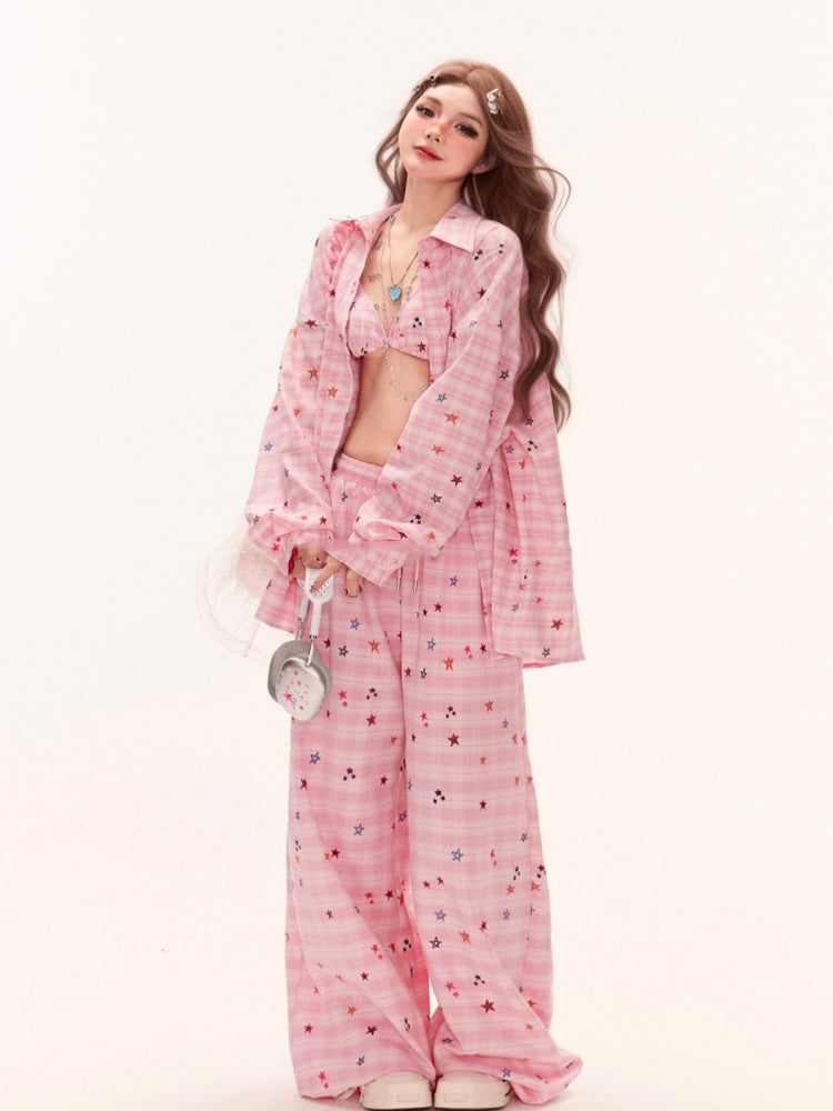 Wide-Leg Plaid Trousers with Drawstring Waist & Pink Star Print - 11shop97